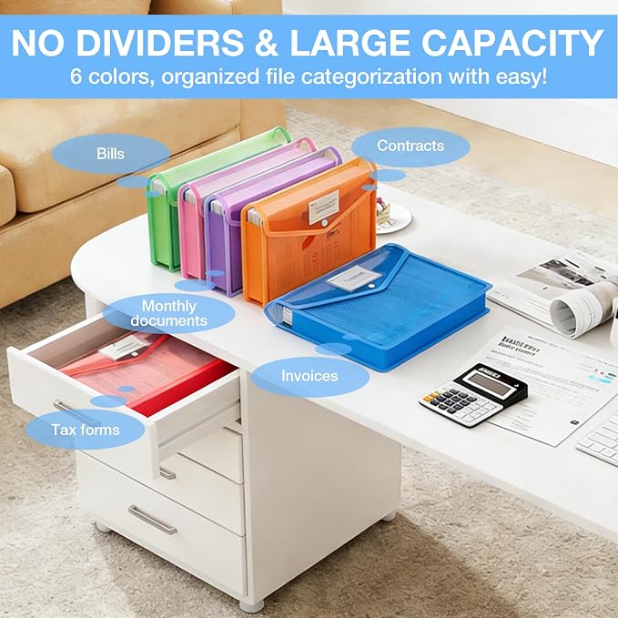 6Pcs Plastic Expanding File Folder, Transparent envelopes with Snap Closure, No Dividers, Large Capacity, Colorful File Folder Organizer, Accordion File Organizer, Fit Letter/A4 Size for Office/Home