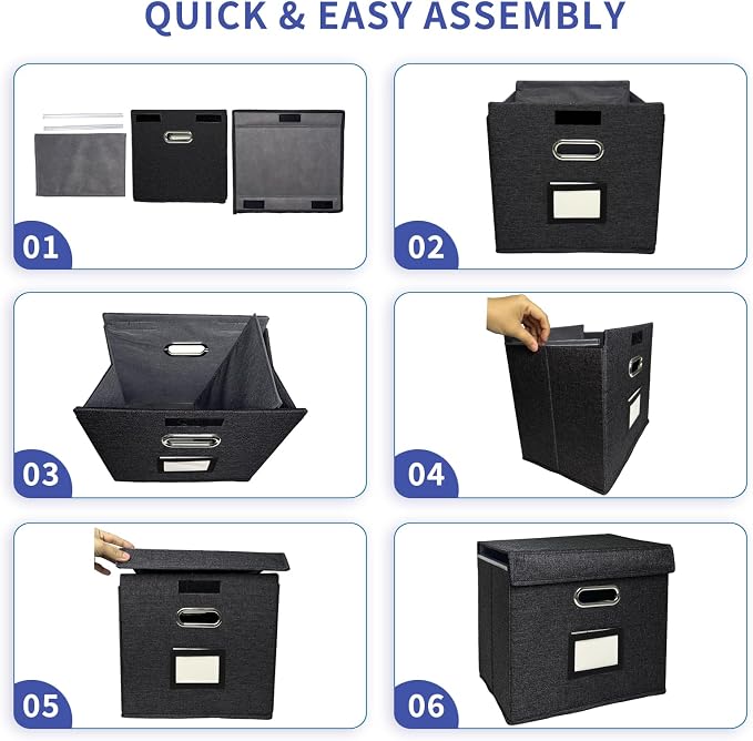 4 Pack Hanging File Folder Box with Lid, Durable Letter Size Filing Storage Box, Sturdy File Holder with Cardboard Support PVC Rails for Office Home Organizer, Black