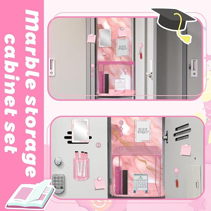 Pink Locker Accessories Kit Locker Organizer Magnetic Mirror Whiteboard Pen Holder Small Carpet for Storage Organizing Shelf Back to School Party Supply