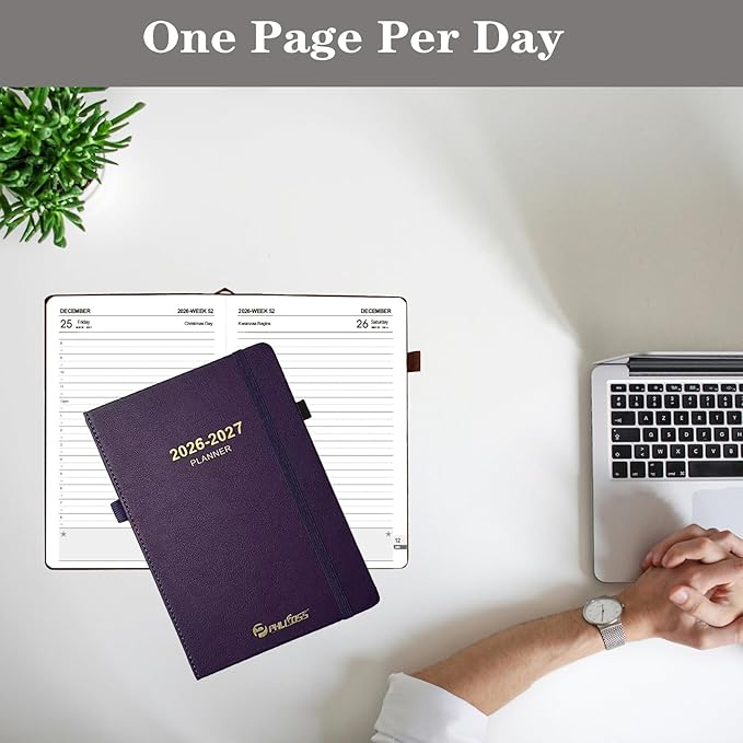 Daily Planner 2026-2027, One Page Per Day, Academic Calendar (July 2026 - June 2027), Appointment Book with Time Slots and Monthly Tabs, 5.7" x 8.25", Pocket, Leather Cove (Purple)