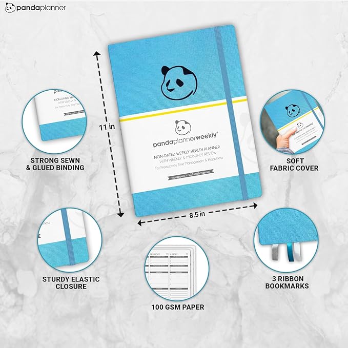 Panda Planner Mental Health Journal – 8.5” x 11" Soft Fabric Hardcover Wellness Planner with Mood Tracker & Journaling Prompts – Undated 12-Month Self-Care Organizer with 3 Bookmarks (Blue)