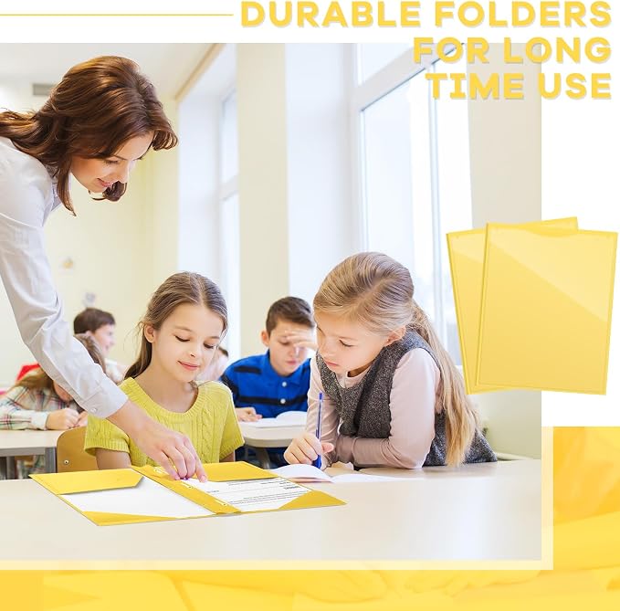 Henoyso 18 Pcs Plastic Folder with Clear Front Pocket and 3 Prong Plastic Folders with Card Slot Pocket Folders with Prongs for School Office (Yellow)
