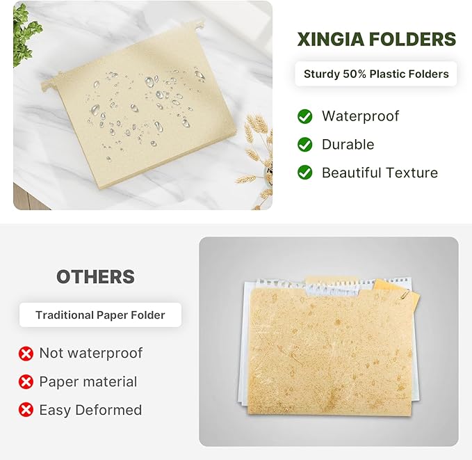 XINGIA Extra Capacity Hanging File Folders Letter Size,3 Inch Expansion Plastic File Cabinets Folders with Tabs,6 Pack Heavy Duty Expanding Hang Folder,Wheat Straw File Organizer Folders for Documents