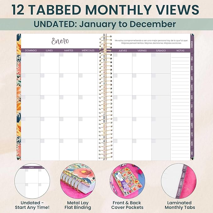 bloom daily planners UNDATED Spanish Calendar Year Day Planner - Passion/Goal Organizer - Start Anytime Monthly & Weekly Agenda Book with Tabs (January to December) - 5.5" x 8.25" - Cheerful Garden