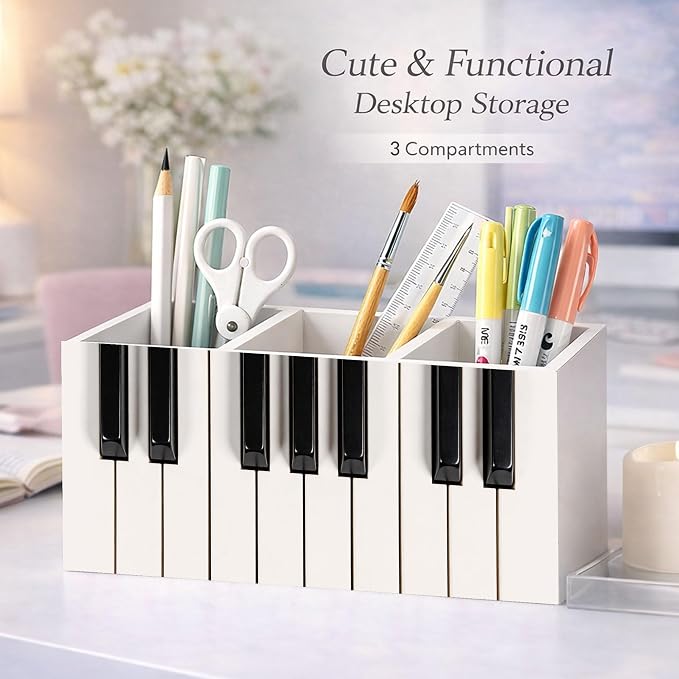 Piano Keys Desk Organizer, 3 Compartment Wooden Pencil Holder, Music-Themed Pen, Pencil, Scissors, Ruler Storage Box for Office, Home, Classroom