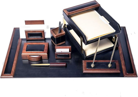 Dacasso Walnut and Black Leather Desk Set, 10-Piece, 34" x 20"