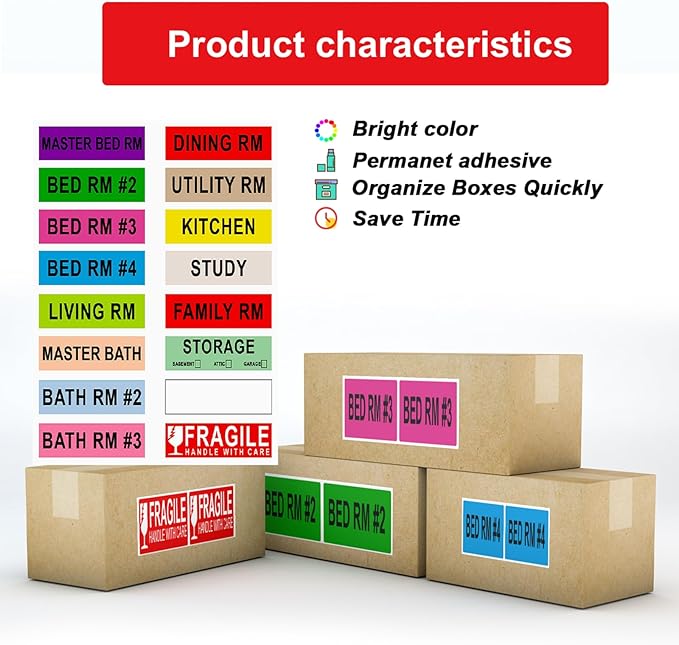 Misofuki 16 Rolls 960 Pcs 1"x4.5" Color Coded Moving Labels Stickers for Boxes with 4 Bedroom Labels - Can Stick on Furniture Directly, NOT Recommended for Rough Surfaces, Such as Carton
