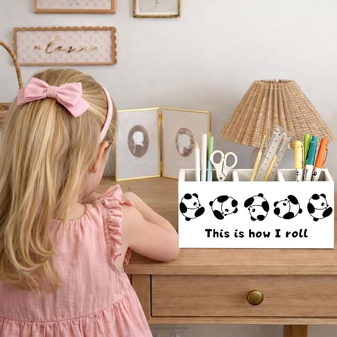 Wooden Desk Organizer with Panda Design, 3 Compartment Pen Pencil Holder, Decorative Office Supply Storage Box for Home, Office, Desk Table, Gift for Friends and Coworkers