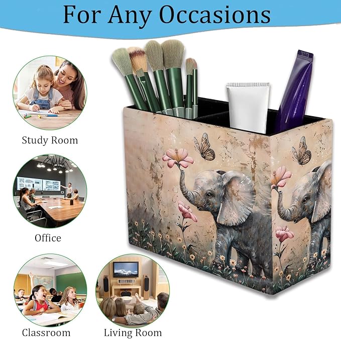 Pen Holder, Pencil Case, Makeup Brush Storage Box, Tableware Storage Box, Suitable for Office Or Home Item Organizing Stand - Cute Little Elephant Flower