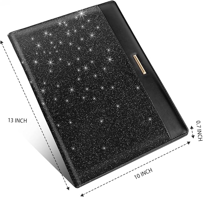 Glitter Padfolio/Resume Portfolio Folder for Women Men, WAVEYU Cute Chic Padfolio Cover Folder, Conference/Legal Document Organizer with Letter/A4 Size Clipboard, Document Sleeve, Black