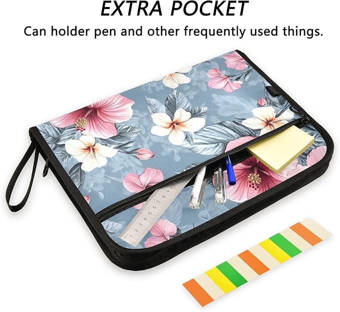 Expanding File Folder Pink Hibiscus Flower Accordion File Organizer 13 Pockets Document Organizer with Zipper Labels A4 Letter Office Storage
