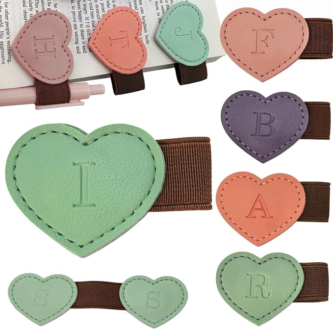 Personalized Magnetic Leather Heart Bookmark with Pen Holder - 26 Letters Custom Book Mark Notebook Pencil Loop with Initial Book Marker for Readers, Book Lovers- Gifts for Women Men(Green,I)