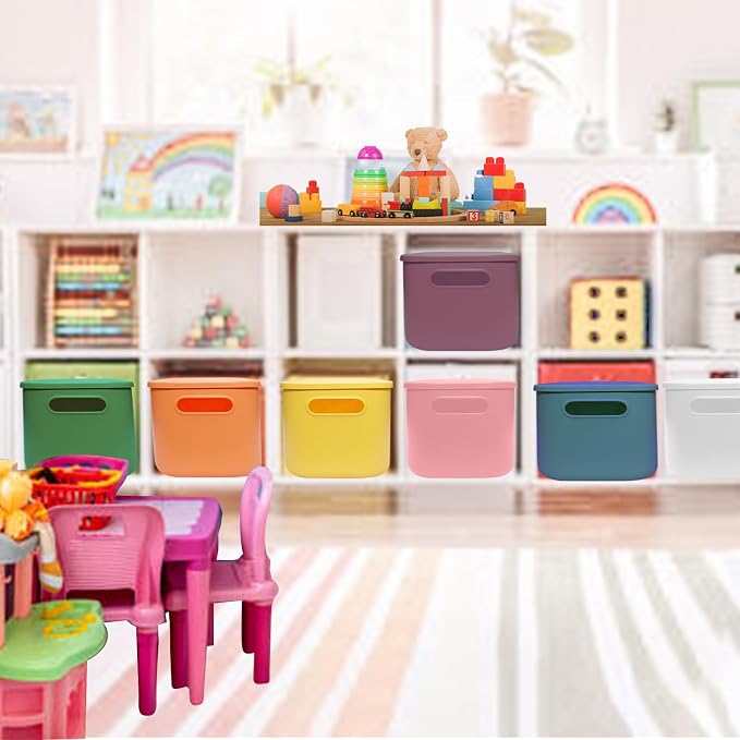 7 Pcs Plastic Storage Bins with Lid Colorful Storage Bins Small Desktop Storage Box Cubby Bins Stackable Storage Baskets for Office Classroom Kitchen Cabinet Shelf (10×7.1×6.2inch)