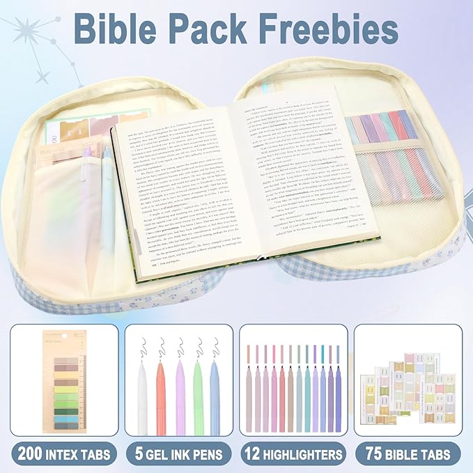 Zkptops Bible Cover Case for Women Large Bible Bag Cotton Quilted Bible Carrying Case with Zipper Pocket and Handle Carrying Book Cover for Christian Study Supplies Christian Gift(Blue Checkered)