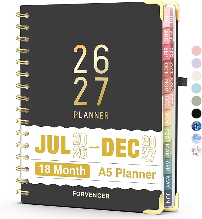Jul 2026 - Dec 2027 Planner, Forvencer 18 Month Academic Planner 2026-2027, 6.3" x 8.4", Calendar Planner Weekly and Monthly, Daily Agenda Book, College School Supplies for Student Teacher, A5, Black