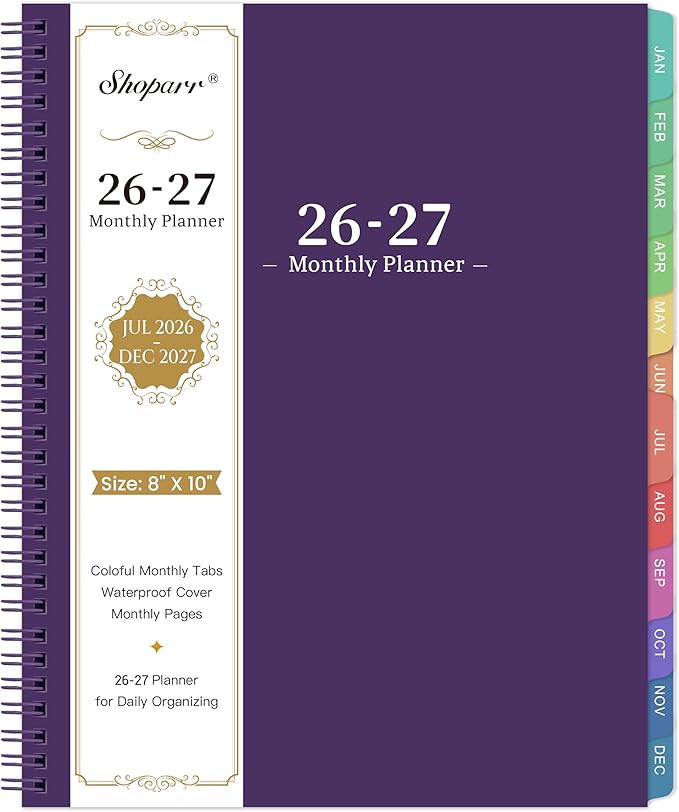 2026-2027 Monthly Planner - JUL 2026 - DEC 2027, Planner 2026-2027, 26-27 Academic Planner with Colorful Tabs, Calendar Planner 26-27 for Daily Organizing - Waterproof Cover (8" x10", Monthly Pages & Notes, Purple)