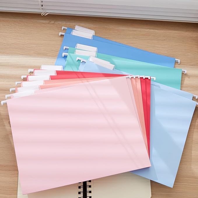 12 Pack Hanging File Folder Letter Size Reinforced Hanging Folders with 1/5-Cut Adjustable Tabs File Folders for Filing Cabinet Organizer for Office Home,Vitality Color