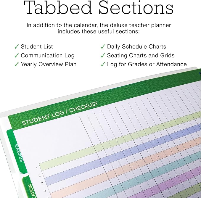 DELUXE TEACHER PLANNER Aug 2026-Jul 2027 8.5x11 Daily Weekly Monthly Organizers with 7 Periods, Pocket Folder, Dated Calendar, Page Tabs, Bookmark and Planning Stickers (Pastel Peacock)