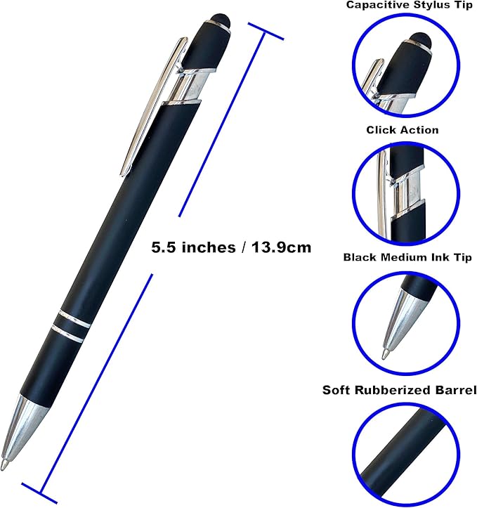 Lenden Pack of 5 Rubberized Comfort Soft Touch 2 in 1 Ballpoint Pen Capacitive Stylus Tip, Premium Metal Medium Point, Black Ink, Compatible with Most Touch Screens (Black)