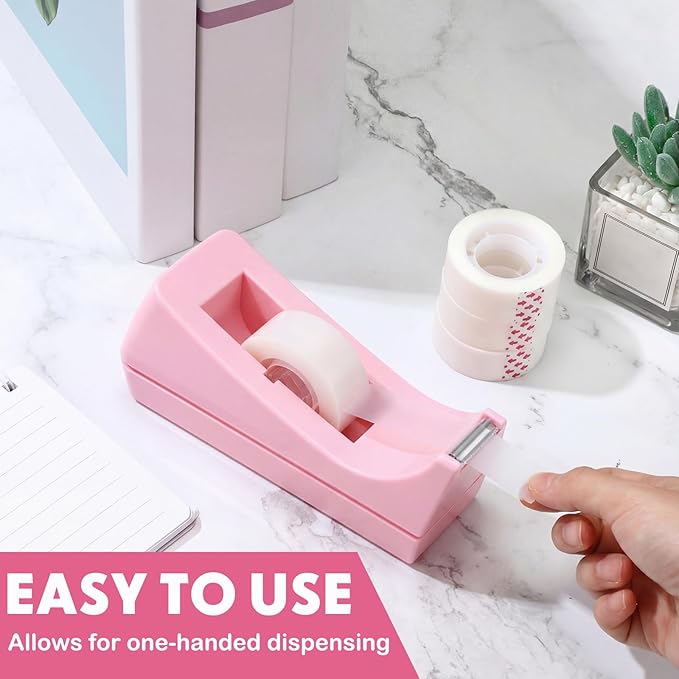 Yahenda 10 Pack Pink Desktop Tape Dispenser Non Skid Base with 0.7 x 985 Inches Invisible Tape Refills Bulk Weighted Roll Dispenser for Office Home School