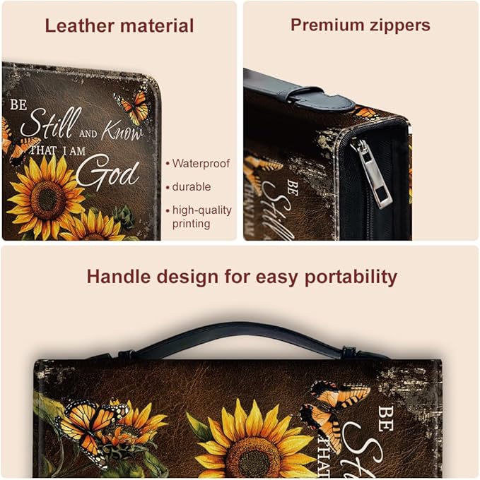 Bible Cover PU Leather Bible Case with Bookmark Sunflower Butterfly Bible Carrying Case for Women Men Christian Bible Note Books Carrying Accessories 20.5x28x5.5cm