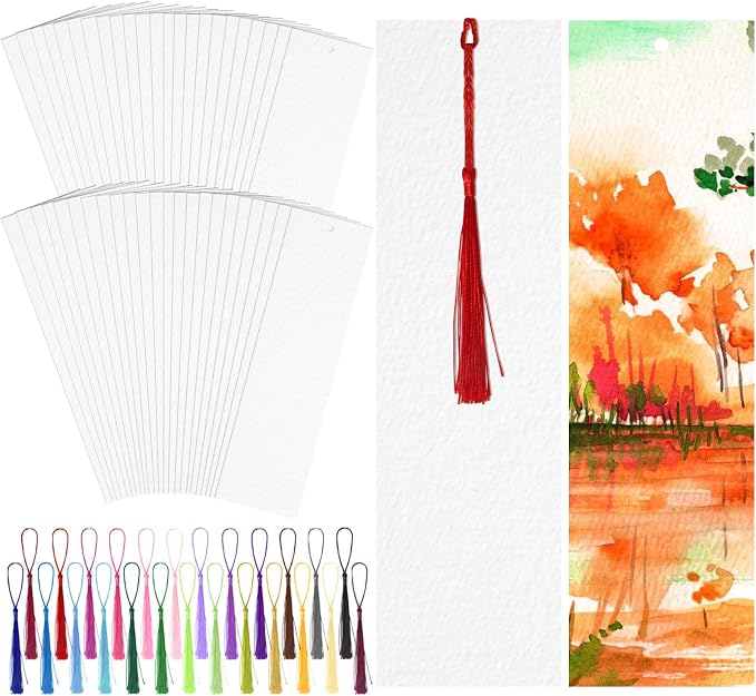 LOTMER 200 Pcs Watercolor Paper Blank Bookmarks with Colorful Tassels Book Marks Tassels DIY Kit Cotton Watercolor Paper Bookmarks with Hole for DIY and Gifts Tags 7.87x1.97 inch