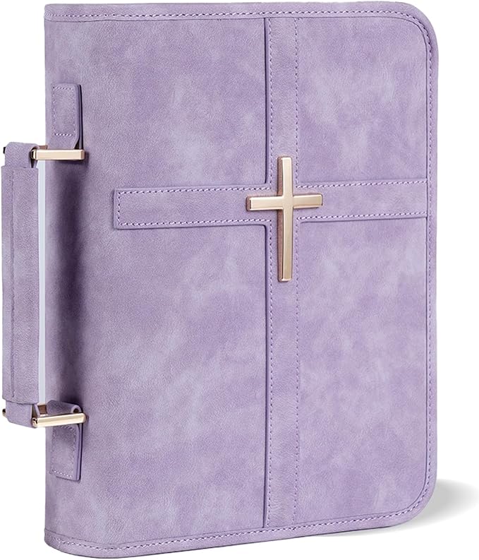 Vegan Leather Bible Cover for Men & Women, Bible Case with Gift Box, Christian Catholic Religious Bible Gifts (Purple)