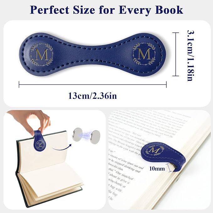 Personalized Leather Magnetic Bookmark with Pen Holder – Custom Initial Design for Readers（Blue-U）