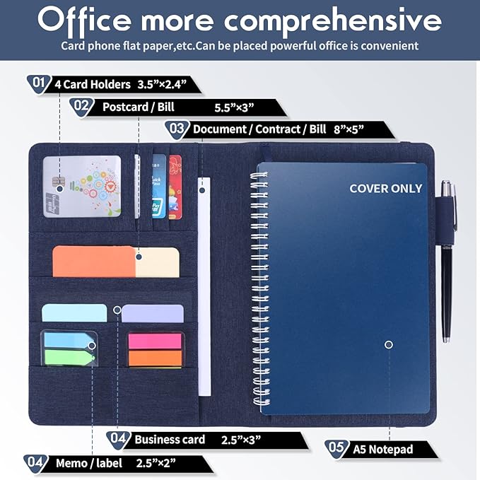 Executive Size Notebook Cover for Rocketbook A5 8.8"x6" Inch, Waterproof Portfolio Organizer with Pen Loop Holder & Card Slots, Protective Case for Journals - Business Travel & Office Use (Blue)