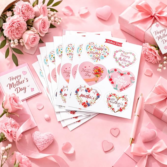 Mothers Day Stickers, 120PCS Happy Mothers Day Stickers, 2" Heart Shaped Mom Sticker Decal, Mom Gifts, 20 Sheet Self-Adhesive Mothers Day Crafted Mother's Day Labels Sticker for Envelope Seal Card Box