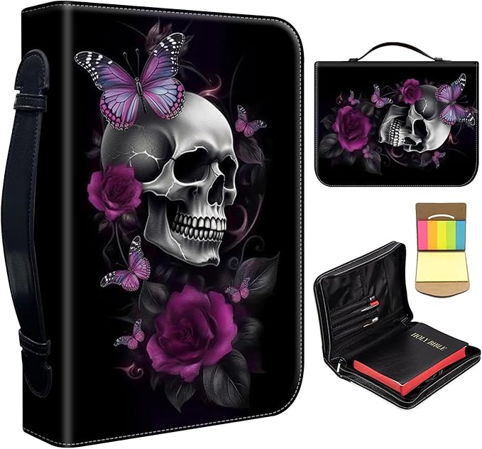 Bible Cover for Men,Large Leather Bible Case Fit Book Up to 11x8x2 Inch,Sugar Skull Butterlies Floral Bible Covers Bible Study Carrier Church Bags w/Handle & Zipper