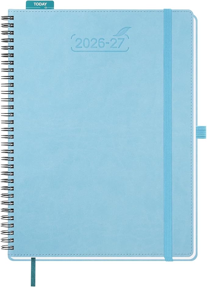 BEZEND Weekly Planner 2026-2027 (8.5" x 11") with Hourly Timeslots (Jul 26-Dec 27) 18 Months Academic Calendar & Monthly Tabs, for Students, Work & Home, Spiral PU Leather Softcover -Sky Blue
