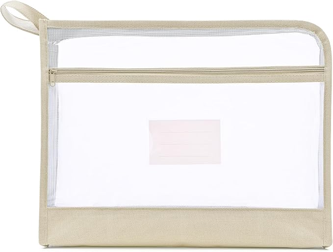 Mesh Zipper Pouch Bag with Handle, A4 Sized Double-Layer Clear Nylon Document Bags with Label, 14 x 10 in File Puzzle Storage Organizer for School Office Travel Supplies (Beige)