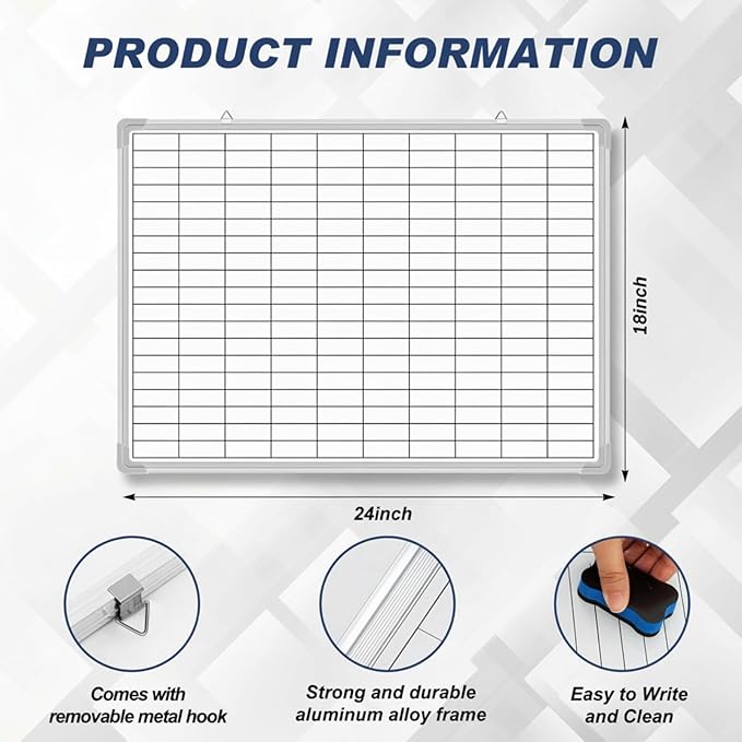 AmazingSpark Lined Whiteboard Blank Grid Aluminum Frame Dry Erase Board Reusable Wall Mounted Board for Scheduling, to Do Lists Weekly Planning Home Work(24 x 18 Inch,Whiteboard with Grid)