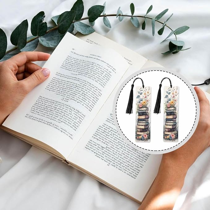 Old Books Pattern Bookmarks Set 5 with Tassels Watercolor Pink Flower Wooden Bookmarks for Reading Women Men Students Teachers School Supplies