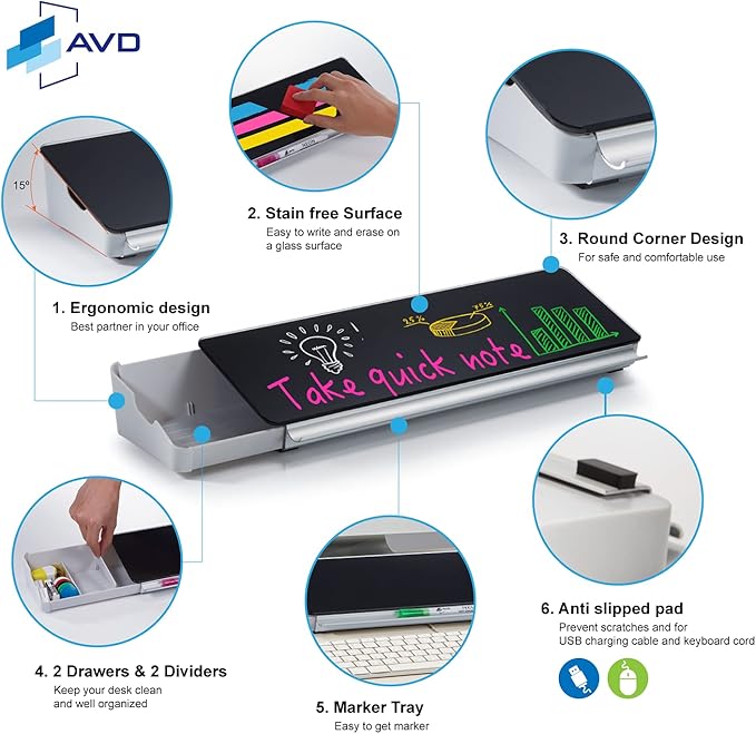 Audio-Visual Direct Black Glass - Desktop Organizer & Storage Notepad, Whiteboard