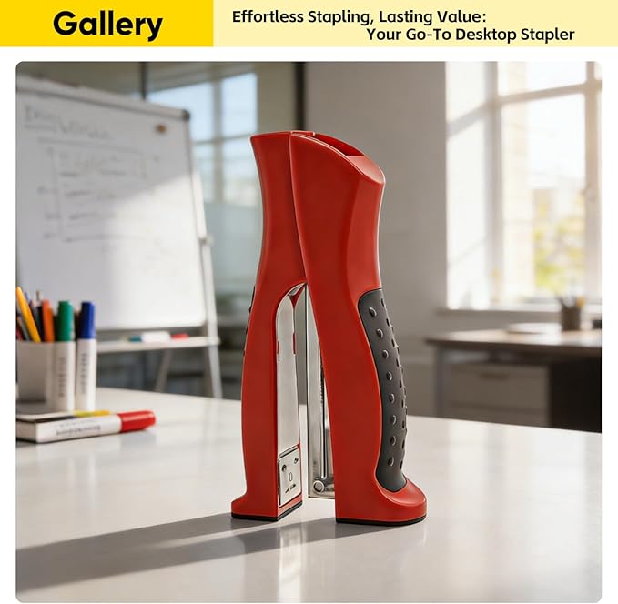 Stand-Up Stapler with 1000 Standard 1/4" Staples, Handheld Ergonomic Soft Grip 2-in-1 Vertical & Flat-Use Desktop Full Strip Stapler for Office, Home, School, Business & Classroom Supplies – Red