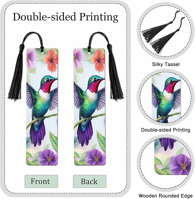 Cute Hummingbird Bookmarks Set 5 with Tassels Watercolor Flower Bird Wooden Bookmarks for Reading Women Men Students Teachers School Supplies