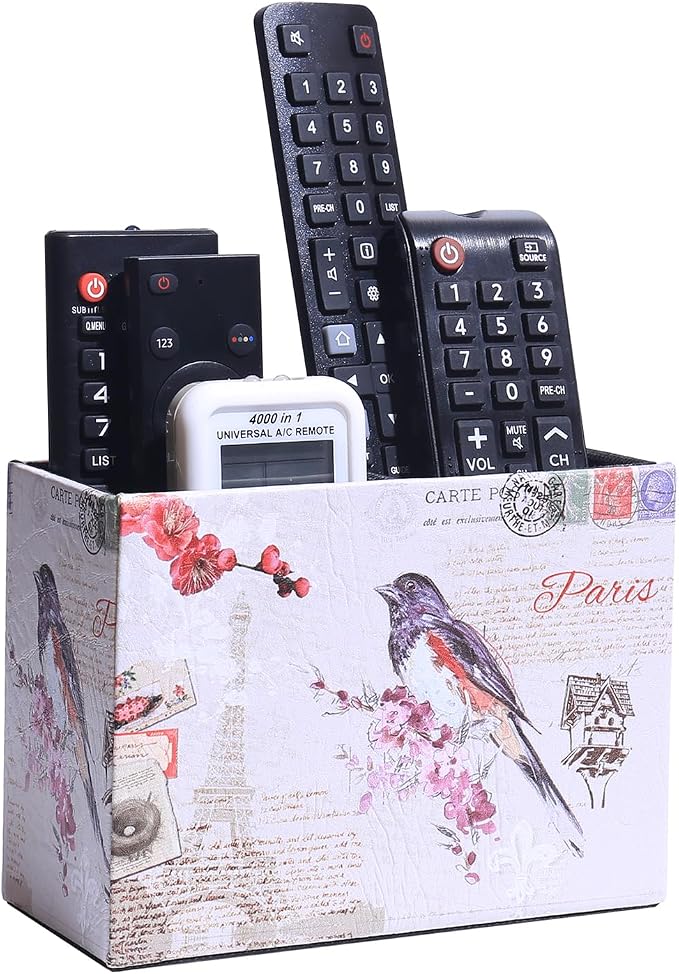 Decorative Remote Control Holder, Leather TV Remoter Caddy Storage Box Desktop Organizer Makeup Brush Pen Holder Storage Fits TV Remotes, Media Controllers, Office Supplies (Paris Bird Design)
