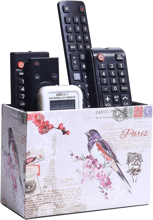 Decorative Remote Control Holder, Leather TV Remoter Caddy Storage Box Desktop Organizer Makeup Brush Pen Holder Storage Fits TV Remotes, Media Controllers, Office Supplies (Paris Bird Design)