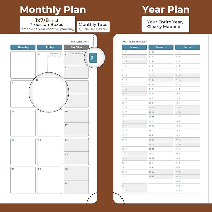 Weekly Monthly 2026-2027 Planner (July 26-Dec 27),6.5"x3.75",18 Months Agenda Plan with Month Tabs & Pocket,Expenses/Note Pages, Academic Calendar with Vegan Leather Cover,Brown
