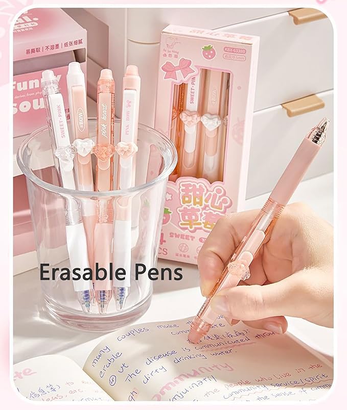 4pcs Pink Erasable Pens 0.5mm GelPens Black Ink Retractable Mistake-Free Smooth Writing Pens with Erasers for Women Men Office Supplies(heart 4pcs, Black)