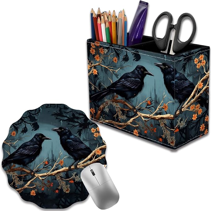 Pen Holder for Desk, PU Leather Multifunctional Desktop Storage Box and Anti-Slip Mouse Pad Set, Makeup Brush Holder Pen Organizer for Office and Home - Branch Crow