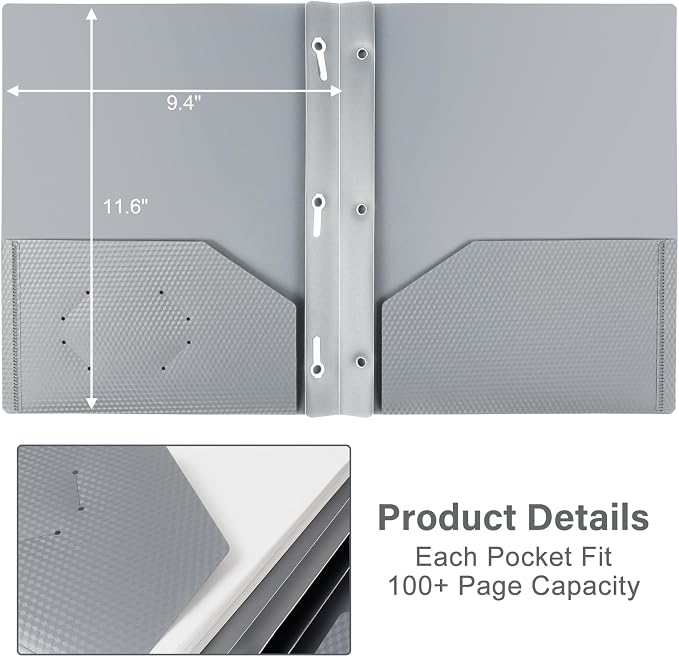 12-Pack Plastic Pockets with Prongs, 2-Pocket Folders with 3 Fasteners, Holds 8.5" x 11" Paper, Silvery