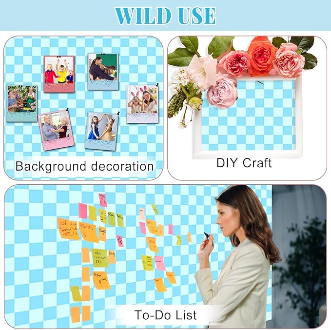 Blue Checked Bulletin Board Roll Pastel Blue Reusable Waterproof Erasable Bulletin Poster Non-Woven Fabric Bulletin Board for Father's Day Easter Classroom Decor Wrapping Paper Crafts 15.55in x12ft