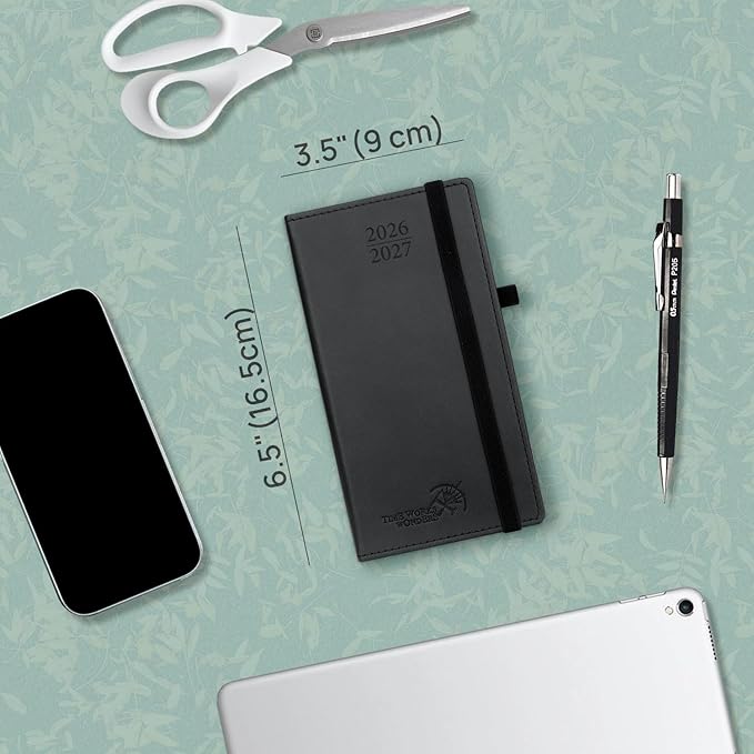 POPRUN Pocket Planner 2026-2027, Slim Size-3.5" x 6.5", 17 Month (Aug 2026 - Dec 2027) Academic Pocket Calendar for Purse, Small Weekly Appointment Book with Vegan Leather Hardcover - Black
