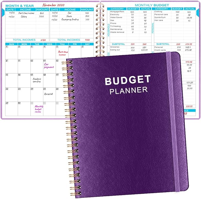 Budget Planner - 8" x 9.5" Monthly Budget Book with Expense Tracker Notebook, 2026 Budgeting Book and Financial Planner to Control Your Money. Large Size, PU Leather, Purple