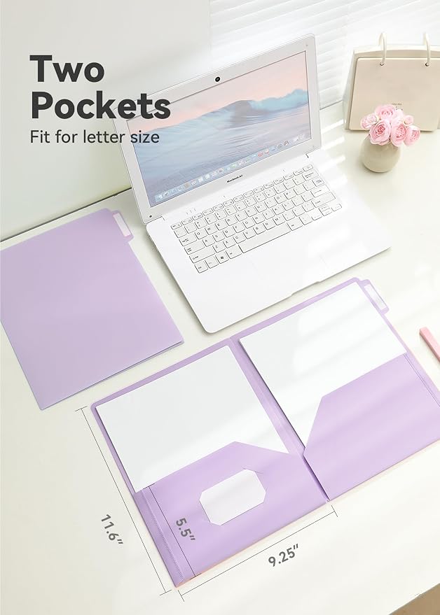 SortRax Plastic Folders with Pockets, 6 Pack Purple Folders for School, Unique 1/3 Cut Tabs with Colorful Labels, Letter Size