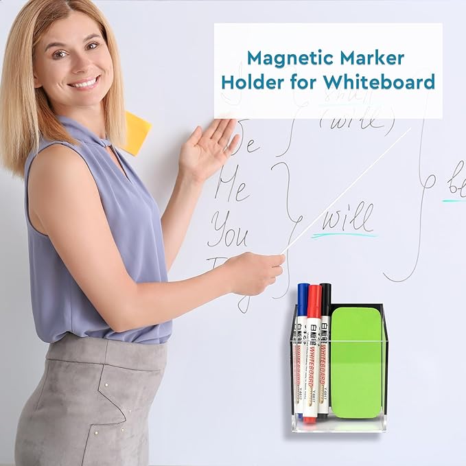 Magnetic Pen Holder, Acrylic Dry Erase Marker Holder, Large Capacity Pencil Holder for Whiteboards, Fridge, Lockers Office School Supplies (Clear & 1 Compartments)