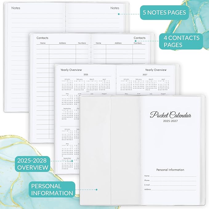 Phyxin Pocket Calendar 2025-2027, Two Year Pocket Planner - Runs From Jul 2025 Until Dec 2027, Small Size Planner - 6.7" x 3.7", Small Calendar for Easy Organizing, Marble